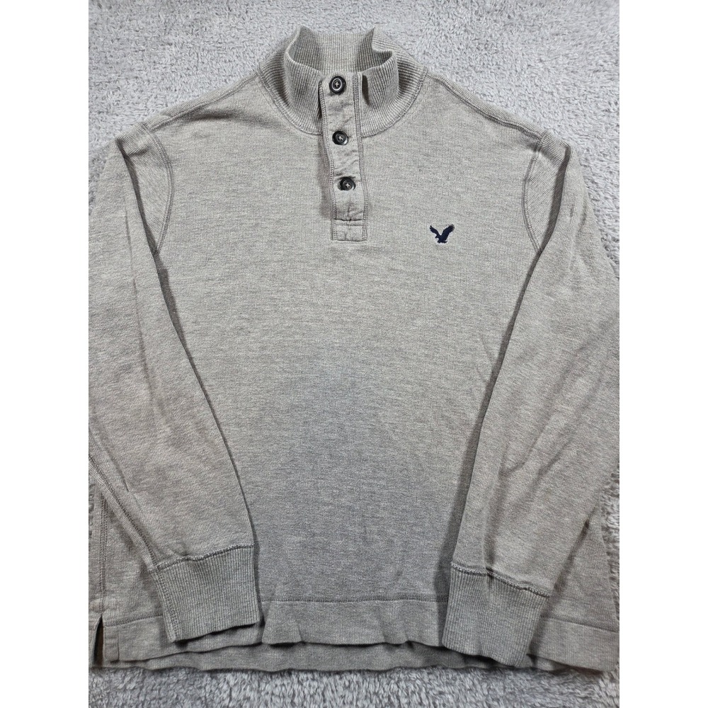 American Eagle Henley Pullover XL Gray Mens Mock Neck Cotton Waffle Knit Top